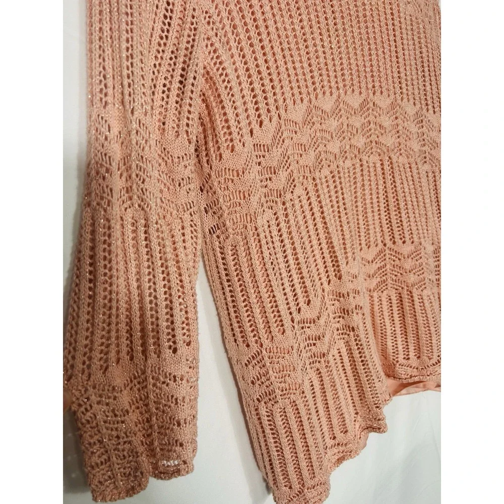 Vintage Womens Open Knit Boho Crochet Sweater Pink Fairy Coquette Asymmetric Y2K